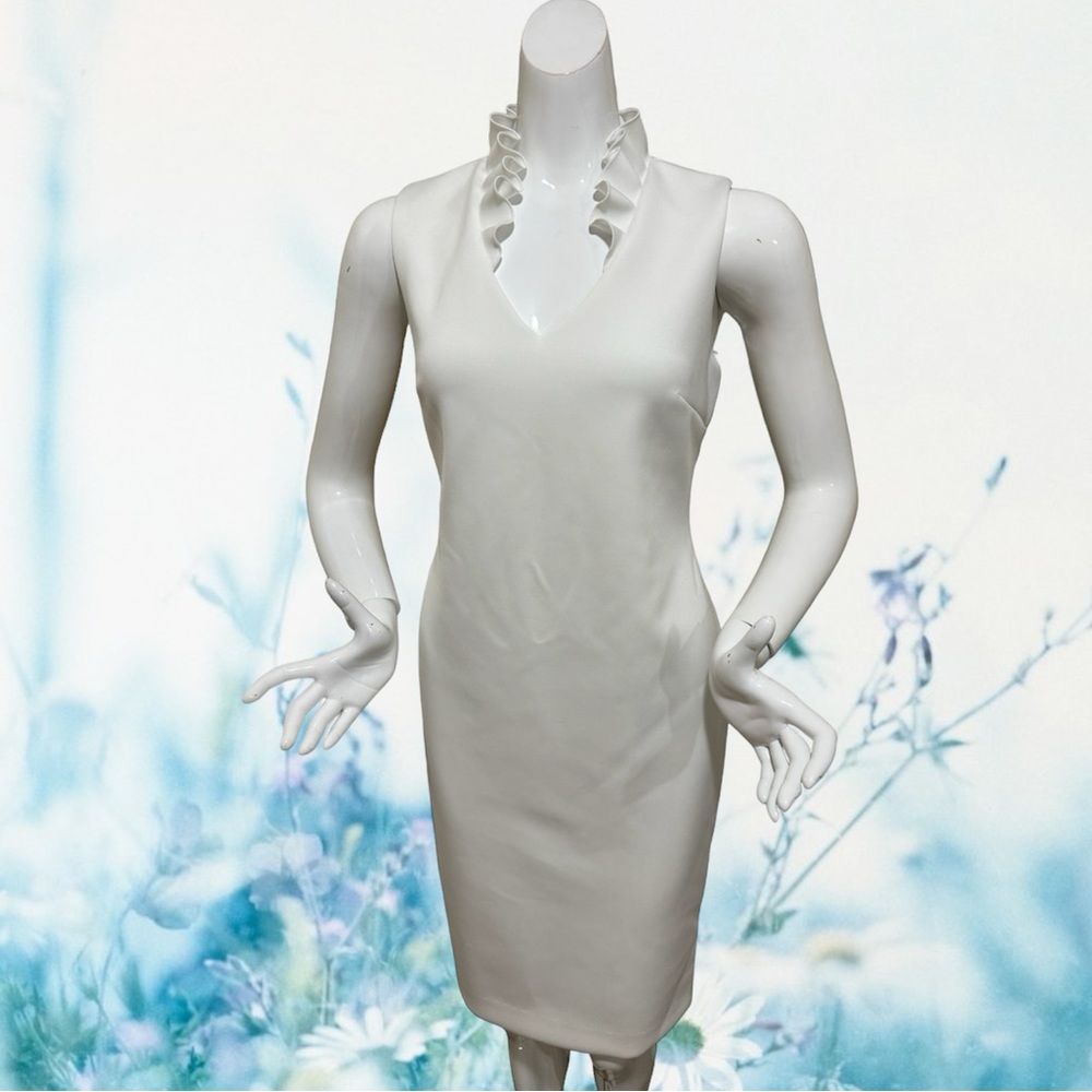 Calvin Klein Cream Sleeveless V-Neck Ruffle Sheath Dress
